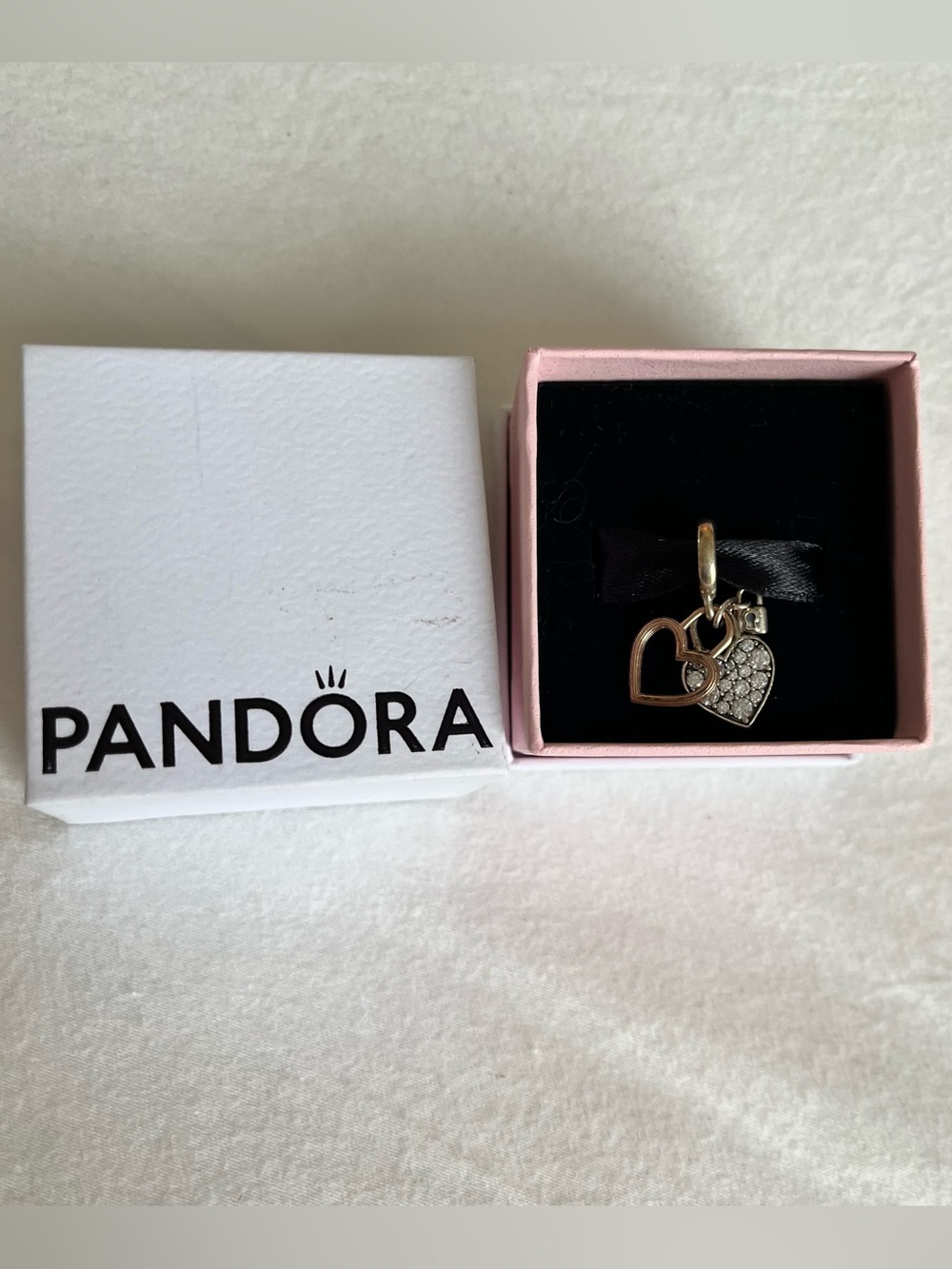 Pandora Two Tone Key Lock Entwined Hearts Dangle Charm Rose Gold Silver
